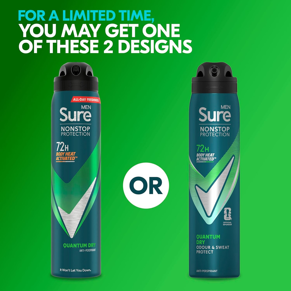 Sure Men Nonstop Protection Quantum Dry Anti-Perspirant Aerosol Men's Deodorant Spray with Body Heat Activated technology and a citrusy & woody scent for 72 hour odour and sweat protection 250 ml