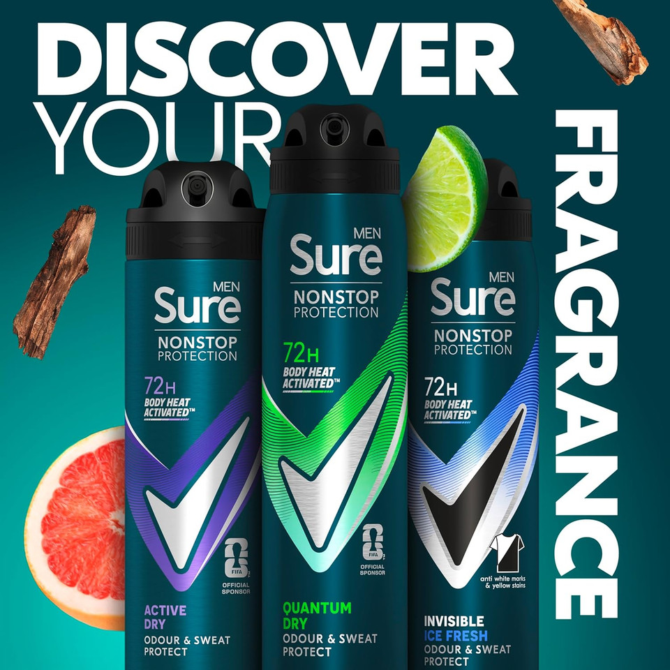 Sure Men Nonstop Protection Quantum Dry Anti-Perspirant Aerosol Men's Deodorant Spray with Body Heat Activated technology and a citrusy & woody scent for 72 hour odour and sweat protection 250 ml