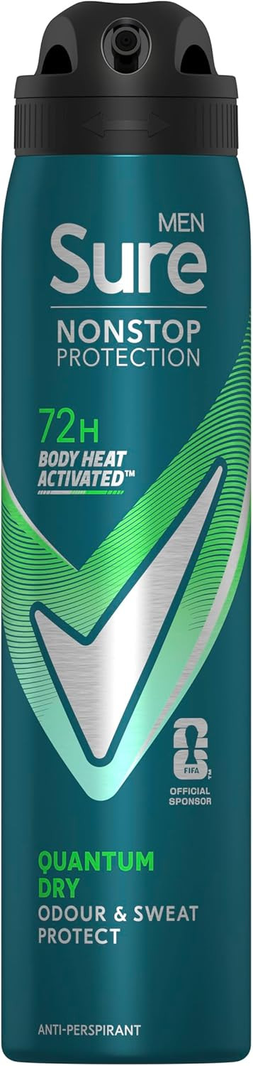 Sure Men Nonstop Protection Quantum Dry Anti-Perspirant Aerosol Men's Deodorant Spray with Body Heat Activated technology and a citrusy & woody scent for 72 hour odour and sweat protection 250 ml