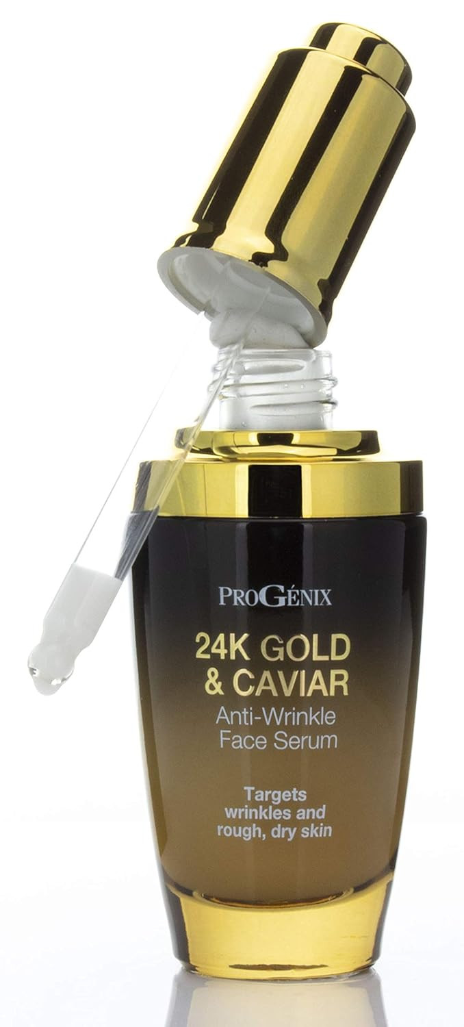 Progenix 24K Gold And Caviar Serum. Anti-Wrinkle Serum With 24Kt Colloidal Gold, Vegan Green Caviar, Manuka Honey For Fine Lines, Wrinkles, And Dark Spots. 1 Fl Oz (30 Ml)24K Gold + Caviar Serum