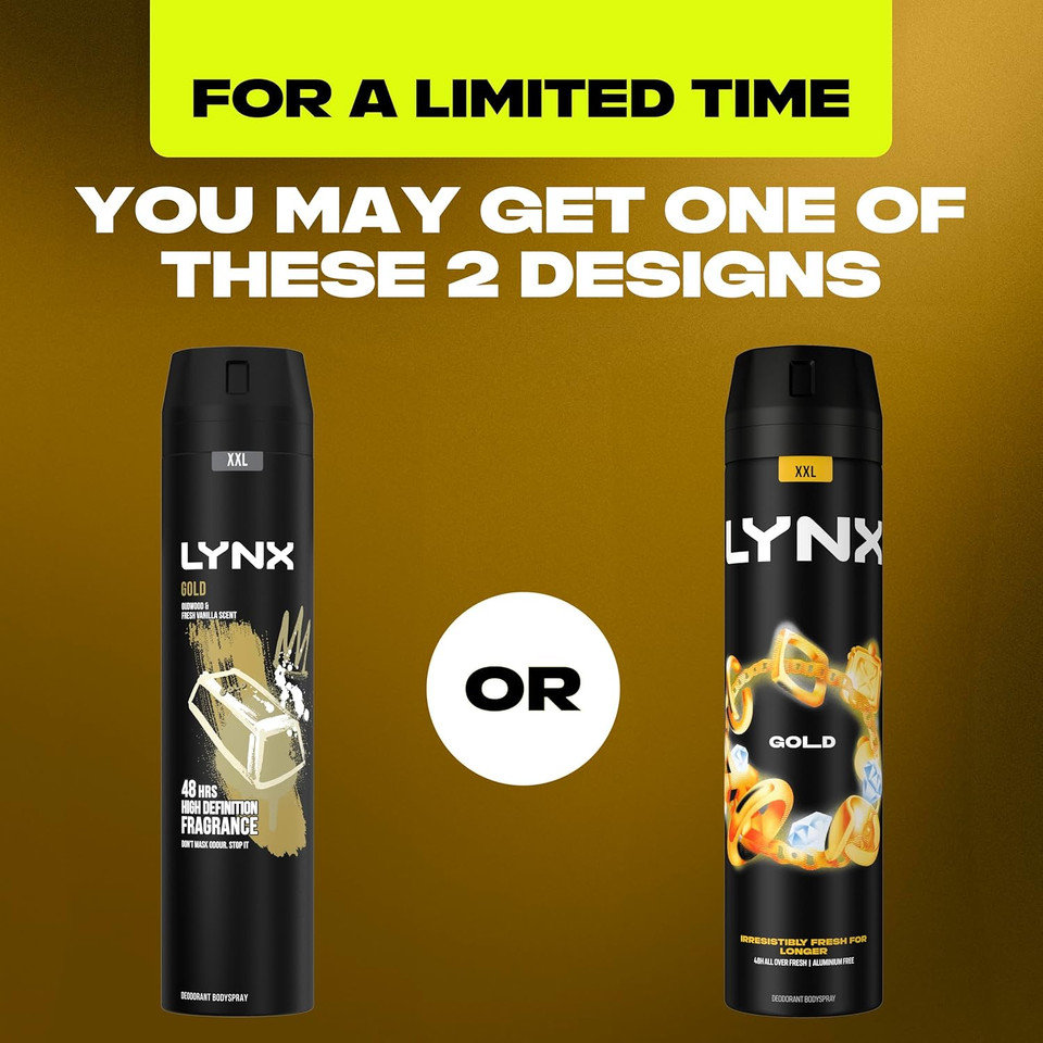Lynx Gold Aerosol Body Spray Men's Deodorant Spray with a Dark Vanilla & oud scent for 48 hours of odour busting, high defnition fragrance 250 ml