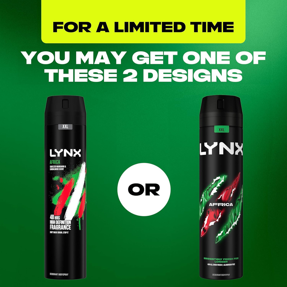 Lynx Africa XXL Aerosol Body Spray Men's Deodorant Spray with a mandarin & sandalwood scent for 48 hours of odour busting, high definition fragrance 250 ml