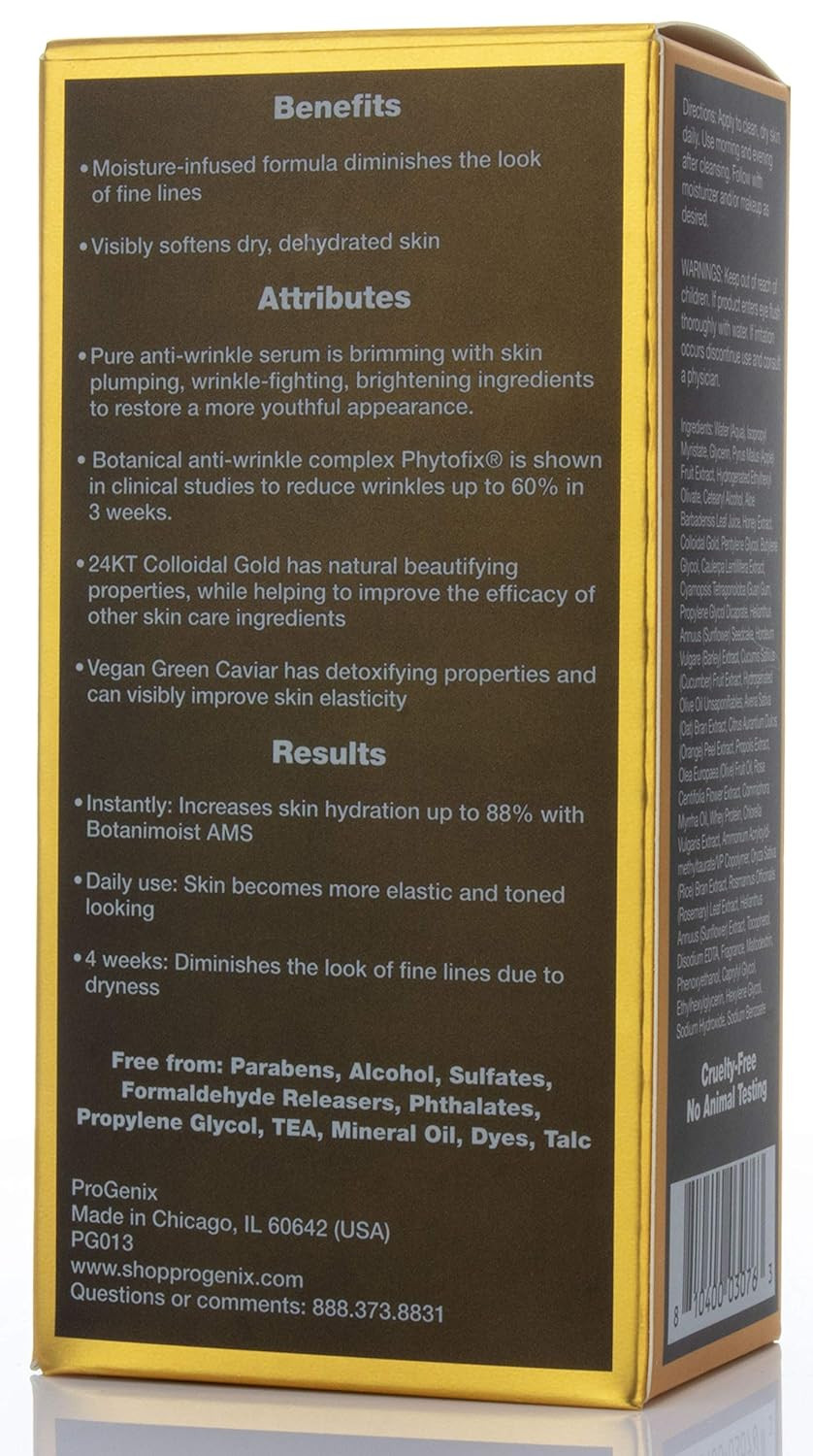 Progenix 24K Gold And Caviar Serum. Anti-Wrinkle Serum With 24Kt Colloidal Gold, Vegan Green Caviar, Manuka Honey For Fine Lines, Wrinkles, And Dark Spots. 1 Fl Oz (30 Ml)24K Gold + Caviar Serum1 Fl Oz (Pack Of 1)