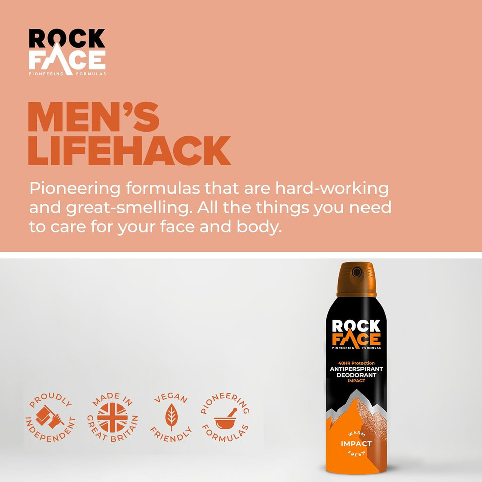 Rock Face Antiperspirant Deodorant for Men - Impact Ginger & Amber Scent, 200ml Spray, 48 Hour Protection, Non-Staining