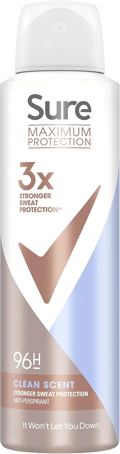 Sure Maximum Protection Clean Scent Anti-perspirant Deodorant Aerosol 96h protection anti-perspirant deodorant spray for 3x stronger* sweat protection 150 ml