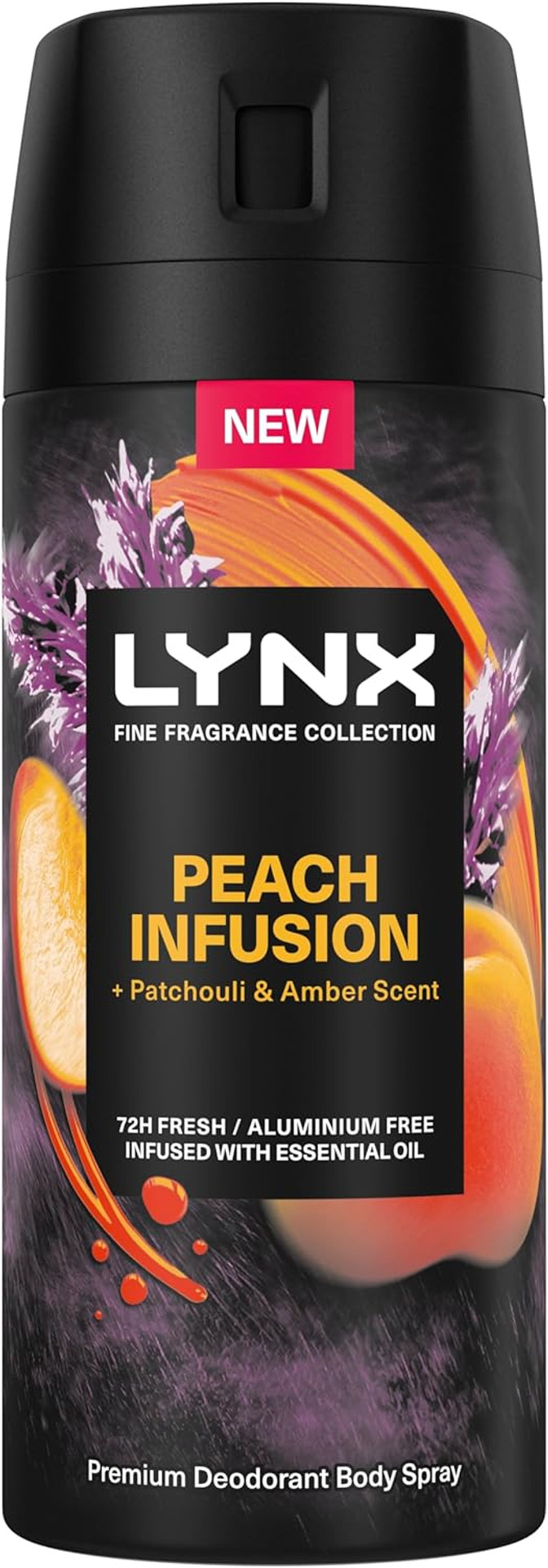 Lynx Fine Fragrance Collection Peach Infusion Premium Body Spray Men's Deodorant infused with a peach, patchouli & amber scent for 72 hours of freshness 150 ml