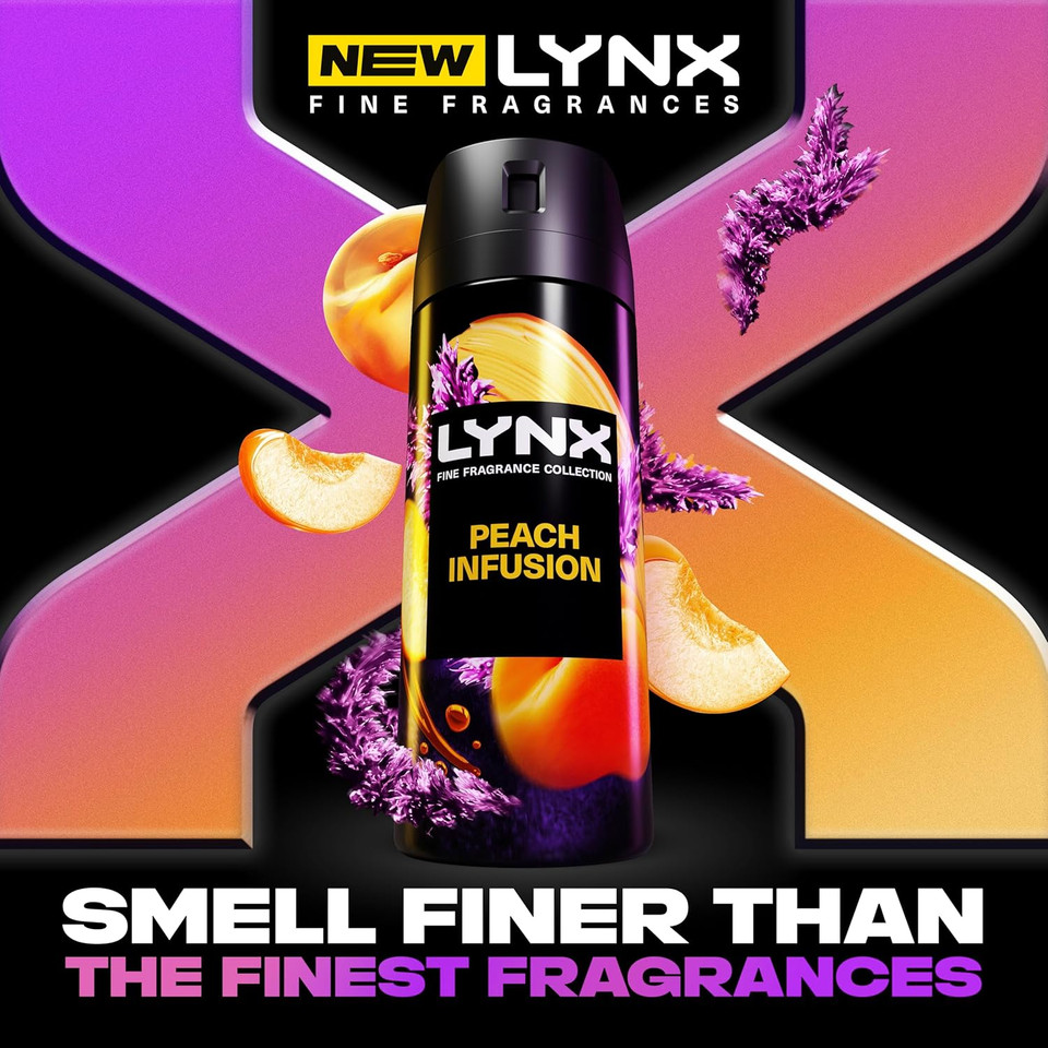 Lynx Fine Fragrance Collection Peach Infusion Premium Body Spray Men's Deodorant infused with a peach, patchouli & amber scent for 72 hours of freshness 150 ml