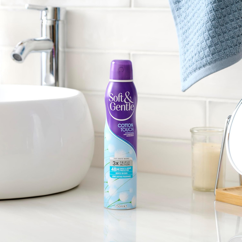 SOFT & GENTLE Cotton Touch Anti-Perspirant Deodorant Spray, 250 ml, 48h Sweat & Odour Protection Aerosol, Alcohol Free Gentle on Skin, Floral Scent, Long-Lasting Fragrance, No White Marks (Pack of 2)