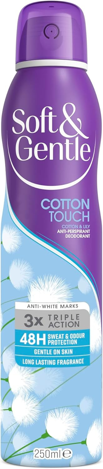 SOFT & GENTLE Cotton Touch Anti-Perspirant Deodorant Spray, 250 ml, 48h Sweat & Odour Protection Aerosol, Alcohol Free Gentle on Skin, Floral Scent, Long-Lasting Fragrance, No White Marks (Pack of 2)