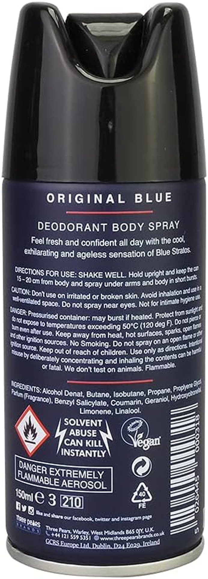 Blue Stratos Mens Body Spray Deodorant Original Blue 150ml
