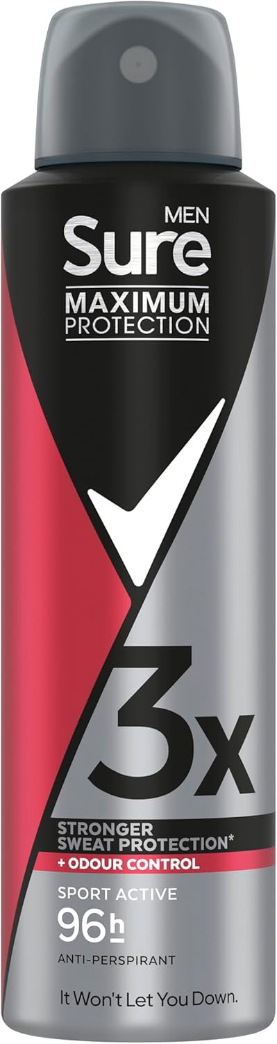 Sure Men Maximum Protection Sport Active Anti-perspirant Deodorant Aerosol anti-perspirant deodorant spray with 3x stronger* sweat protection 96h protection against sweat and odour 150 ml