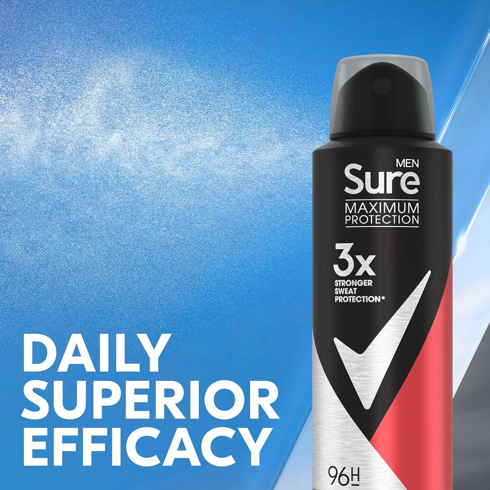 Sure Men Maximum Protection Sport Active Anti-perspirant Deodorant Aerosol anti-perspirant deodorant spray with 3x stronger* sweat protection 96h protection against sweat and odour 150 ml