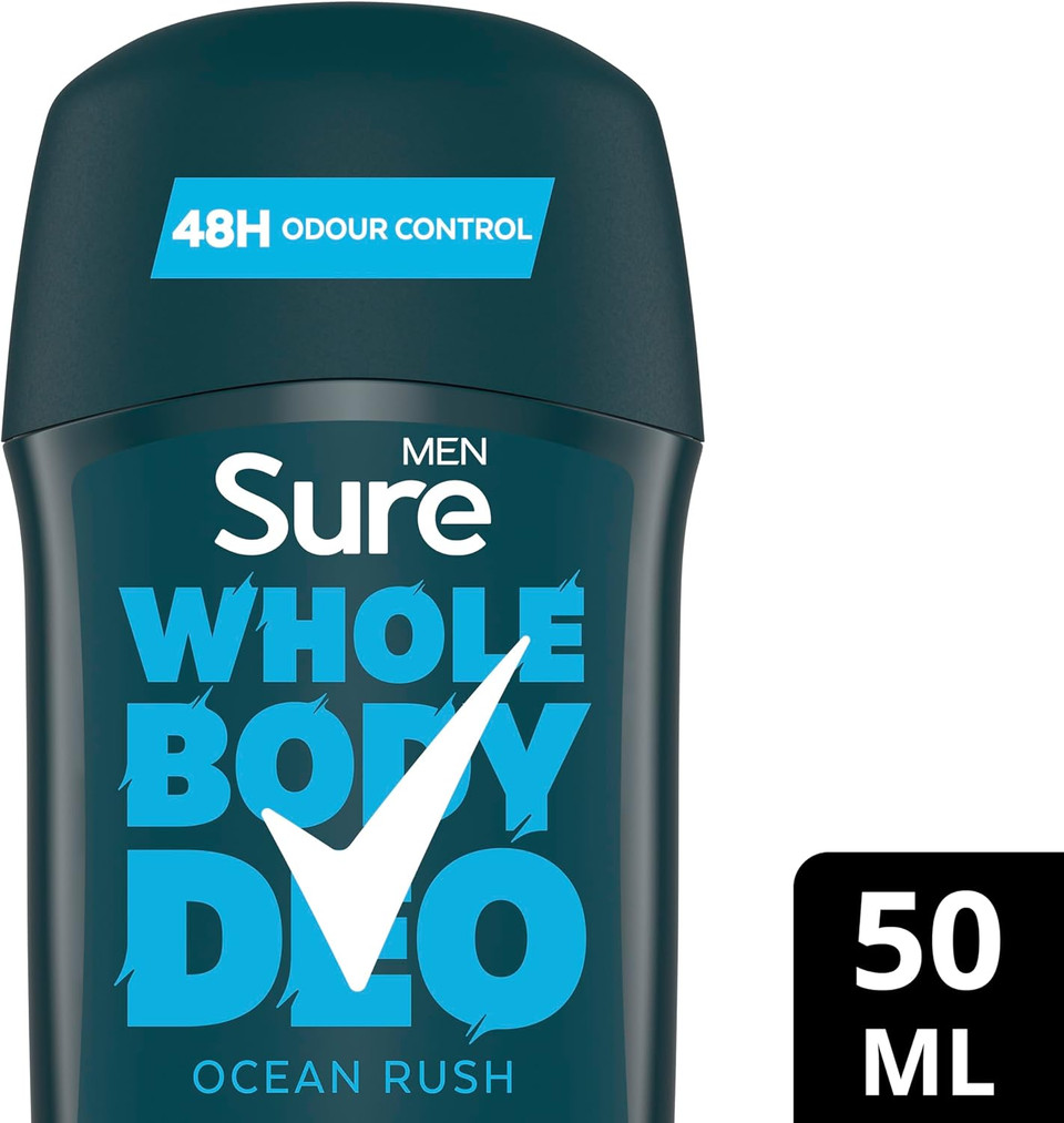 Sure Men Ocean Rush Whole Body Deodorant Men's Deodorant Stick with a herbal & woody fragrance for 48 hour odour control 50 ml