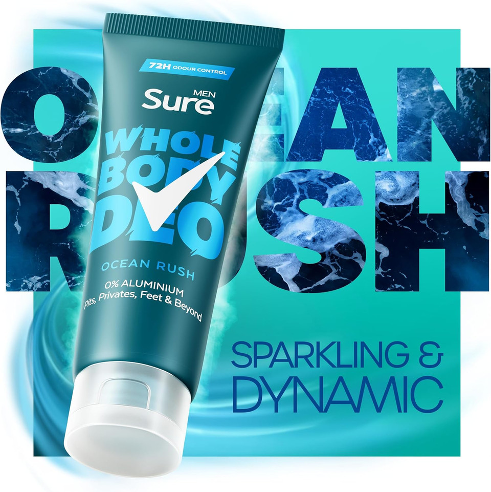 Sure Men Ocean Rush Whole Body Deodorant Men's Deodorant Cream with a herbal & woody fragrance for 72 hour odour control 75 ml