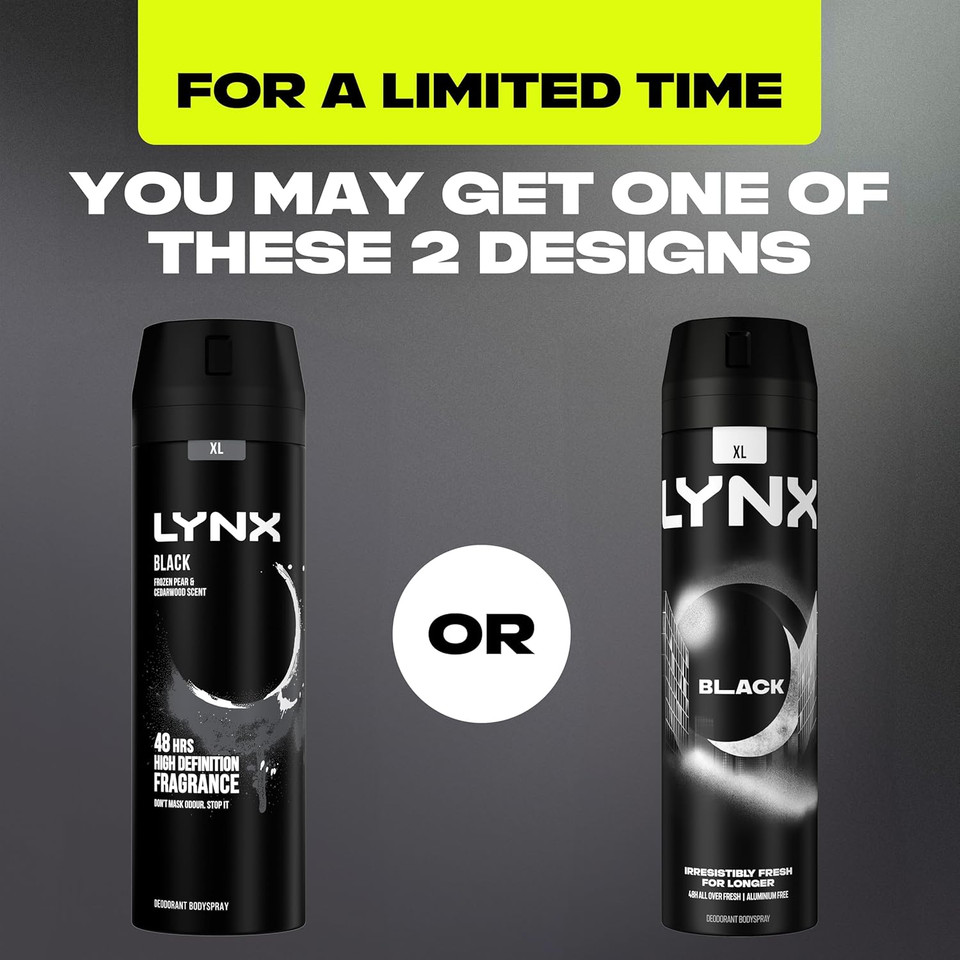 Lynx Black Aerosol Body Spray Men's Deodorant Spray with a frozen pear & cedarwood scent for 48 hours of odour-busting, high definition fragrance 200 ml
