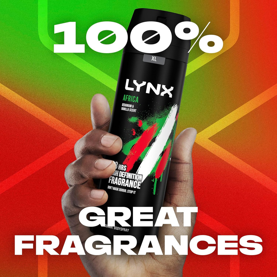 Lynx Africa XL Aerosol Body Spray Men's Deodorant Spray with a mandarin & sandalwood scent for 48 hours of odour busting, high definition fragrance 200 ml