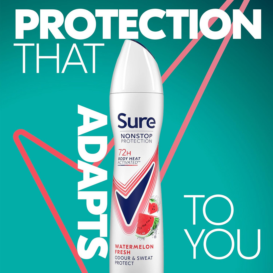 Sure Nonstop Protection Watermelon Fresh Anti-Perspirant Aerosol Women's Deodorant Spray with Body Heat Activated tech. and a watermelon & cactus scent for 72 hour odour and sweat protection 250 ml