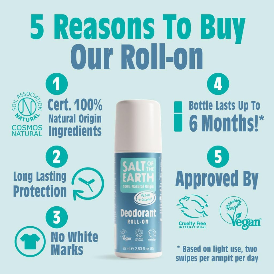 Salt of the Earth - Natural Deodorant Roll On - Ocean & Coconut - Vegan Formula with Effective Long-Lasting Protection, Made in the UK - Suitable for Men, Women & Kids - 75ml