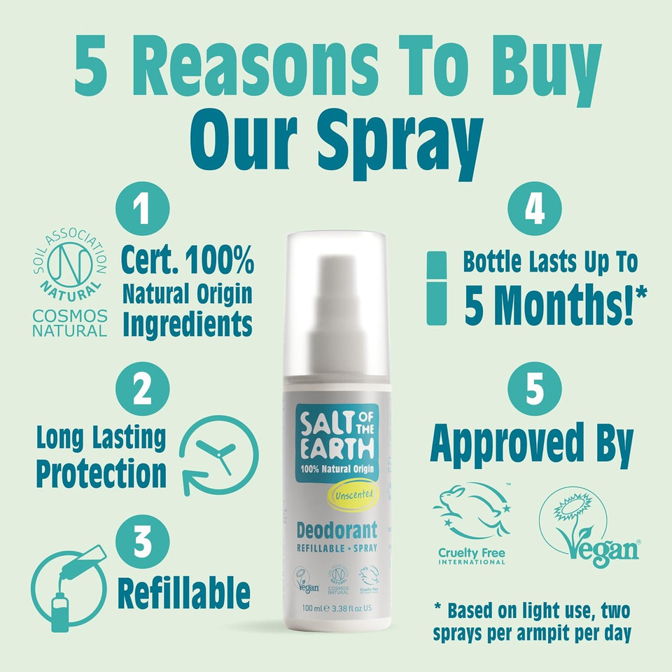 Salt of the Earth  Natural Foot Deodorant Spray  100% Natural Origin Ingredients - Prevent Unwanted Foot/Shoe Odour - Vegan, Refillable Long Lasting Protection - 100ml (Peppermint & Tea Tree)