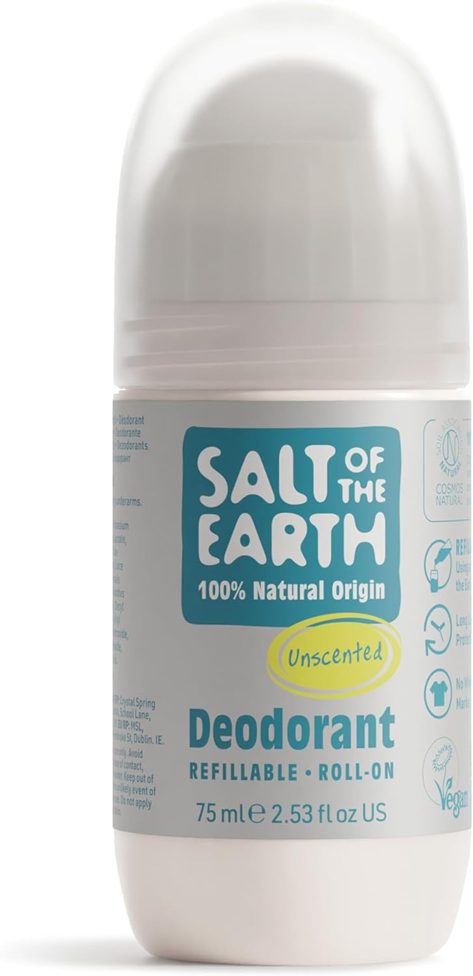 Salt of the Earth - Natural Refillable Roll On Deodorant - Ginger & Jasmine - Effective Long Lasting Protection, 100% Natural ingredients, Eco friendly & Vegan - Suitable for Men, Women & Kids - 75ml