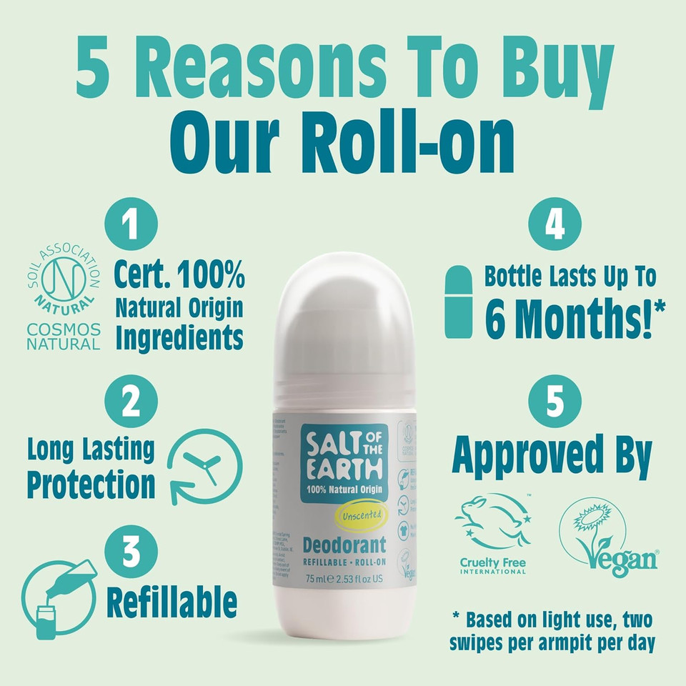 Salt of the Earth | Natural Refillable Roll On Deodorant  Oud & Bergamot - Refillable, Effective Vegan Protection with Long-Lasting Body Odour Control for Women, Men & Kids - (75ml)
