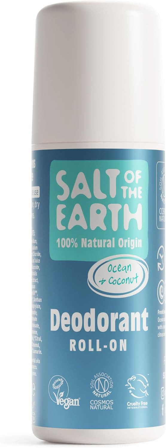 Salt Of the Earth Natural Deodorant Roll On, Vegan, Long Lasting Protection, Leaping Bunny Approved, Cosmos Approved, Made in The UK, Cloudy, Ginger & Jasmine, 75 ml