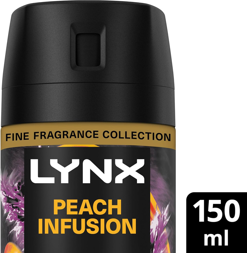 Lynx Fine Fragrance Collection Peach Infusion Premium Body Spray Men's Deodorant infused with a peach, patchouli & amber scent for 72 hours of freshness 150 ml (Pack of 2)