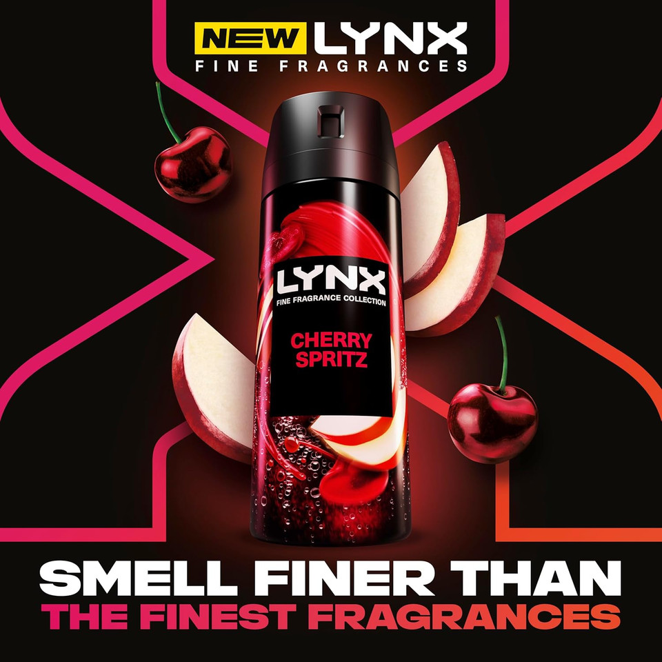 Lynx Fine Fragrance Collection Cherry Spritz Premium Body Spray Men's Deodorant infused with a cherry, red apple & amber scent for 72 hours of freshness 150 ml (Pack of 2)