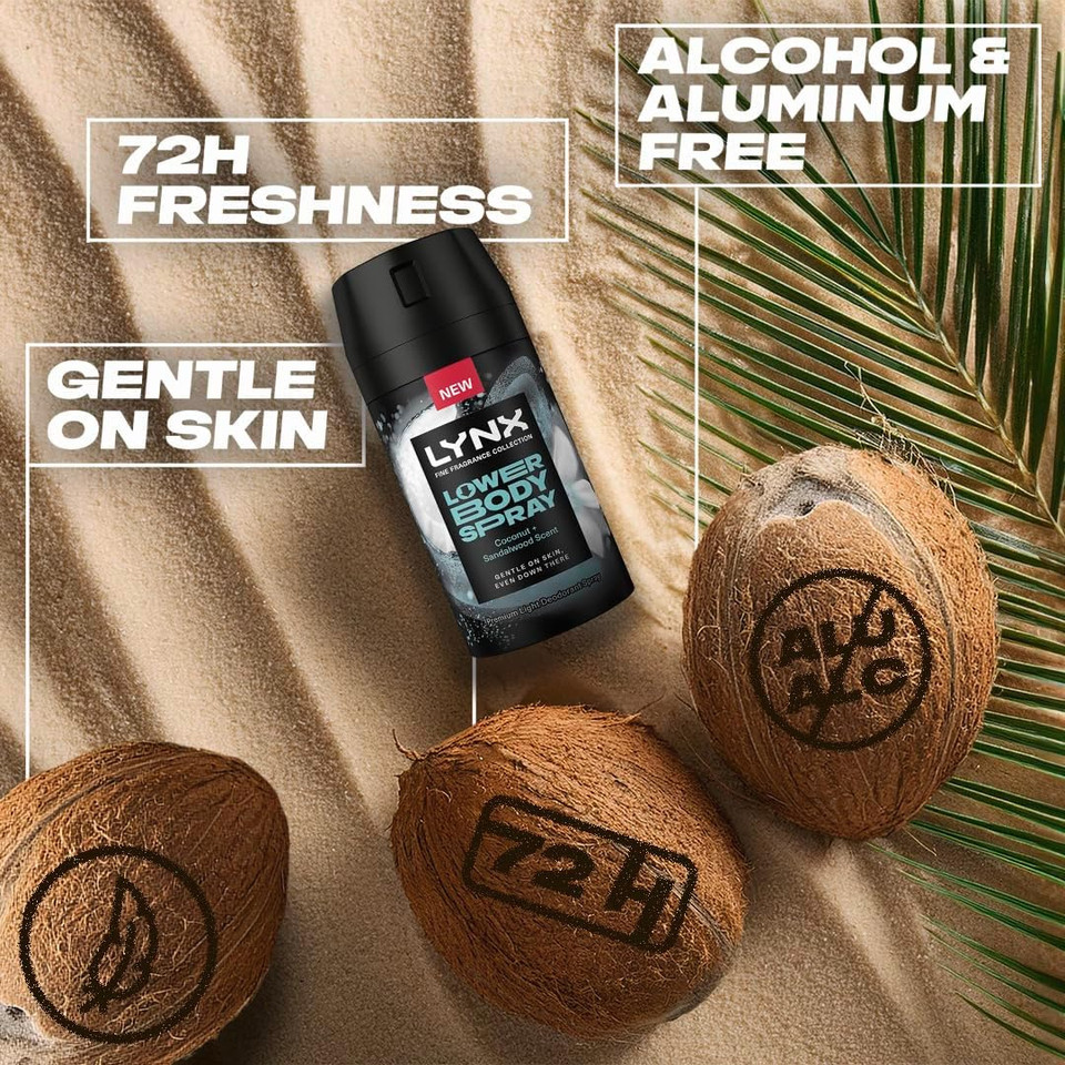 Lynx Fine Fragrance Collection Coconut + Sandalwood Lower Body Spray premium light deodorant spray for 72 hours of freshness 100 ml (Pack of 2)