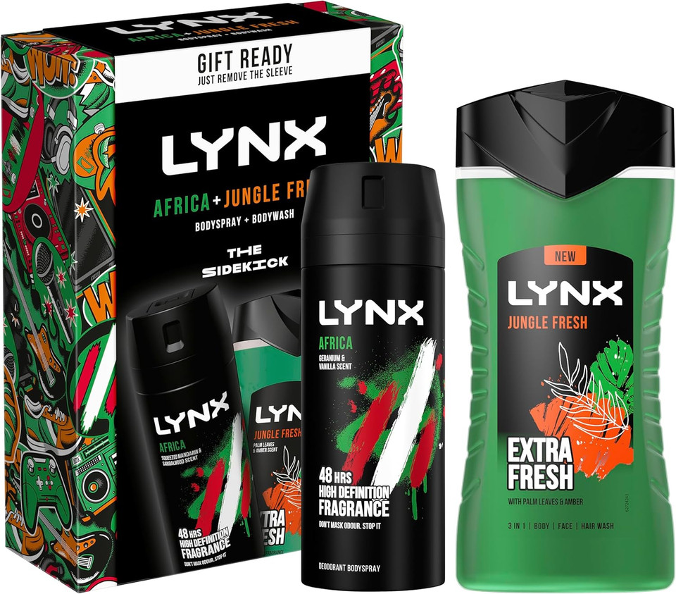 LYNX Africa & Jungle Fresh The Sidekick Duo Deodorant Gift Set 3-in-1 Body, Face & Hair Wash & Body Spray perfect for his daily routine 2 piece LYNX Africa & Jungle Fresh The Sidekick Duo Deodorant Gift Set 3-in-1 Body, Face & Hair Wash & Body Spray perfect for his daily routine 2 piece