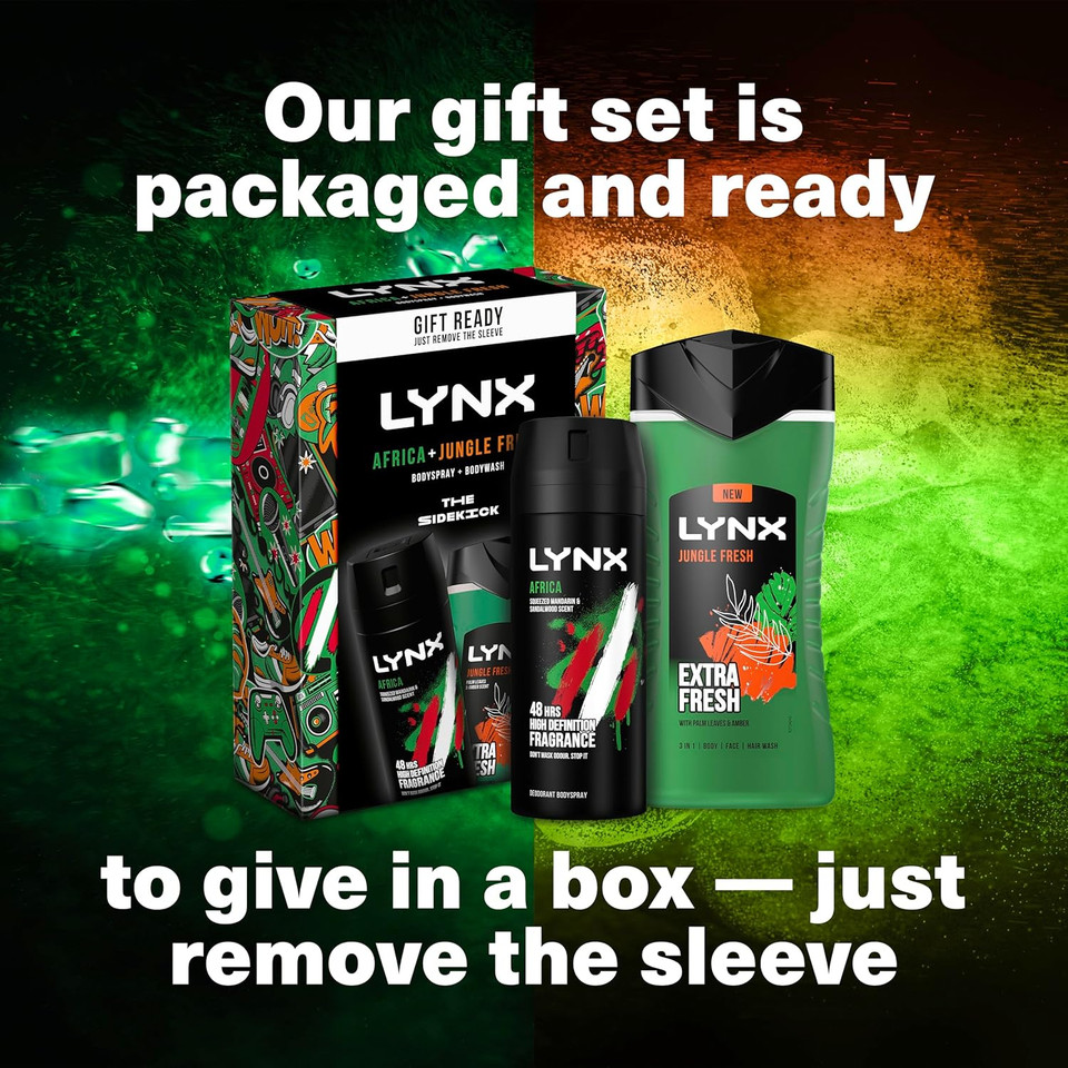 LYNX Africa & Jungle Fresh The Sidekick Duo Deodorant Gift Set 3-in-1 Body, Face & Hair Wash & Body Spray perfect for his daily routine 2 piece LYNX Africa & Jungle Fresh The Sidekick Duo Deodorant Gift Set 3-in-1 Body, Face & Hair Wash & Body Spray perfect for his daily routine 2 piece