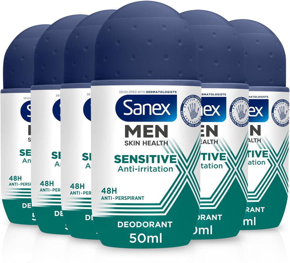 Sanex Men Sensitive Antiperspirant Roll-On Deodorant 6x50ml - 48 hour sweat protection - odour-fighting formula - slows down odour release - gentle on skin - 0% alcohol