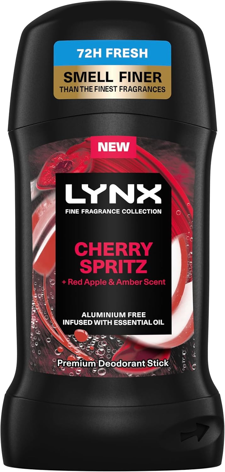 Lynx Fine Fragrance Collection Cherry Spritz Premium Deodorant Stick Men's Deodorant with a cherry, red apple & amber fragrance for 72 hour odour protection 50 ml (Pack of 2)