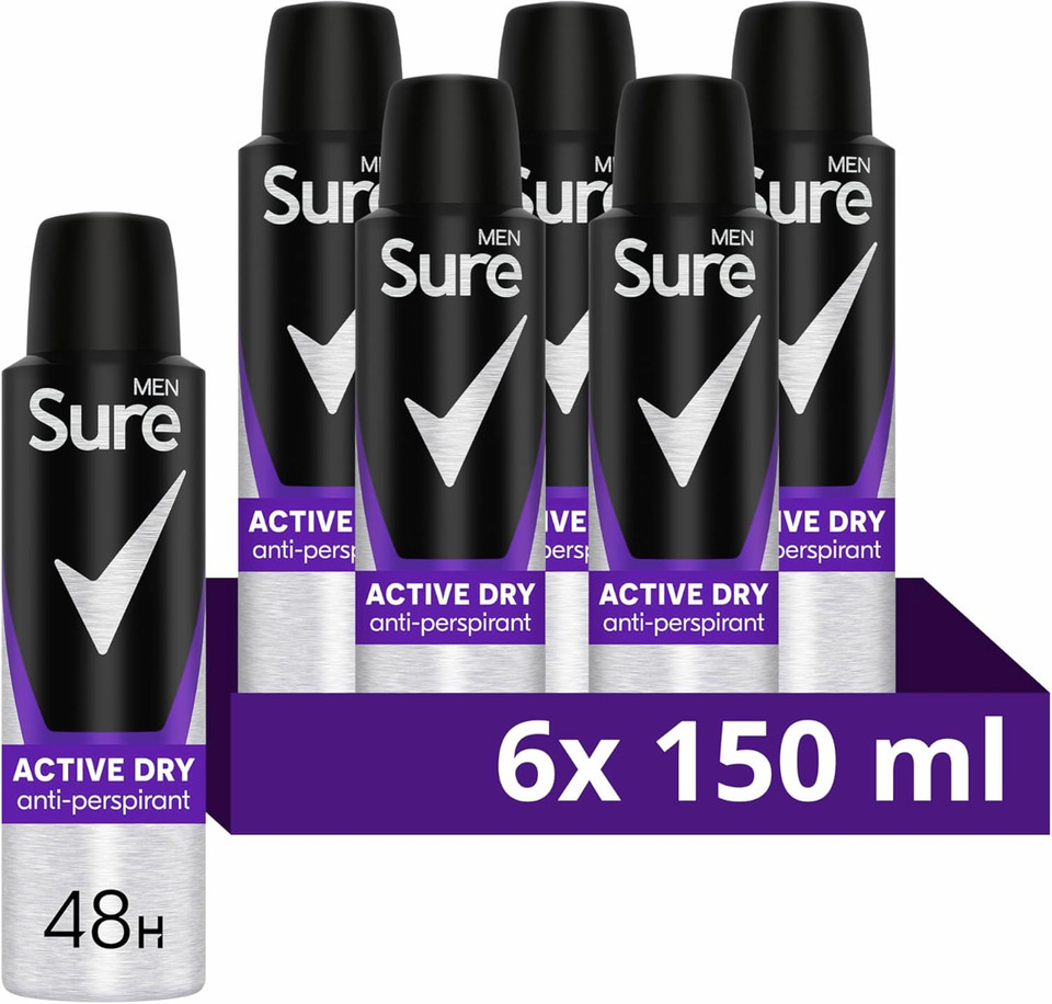 Sure Men Active Dry Anti-perspirant Deodorant Aerosol 48h protection anti-perspirant deodorant spray for effective sweat and odour protection 6x 150 ml