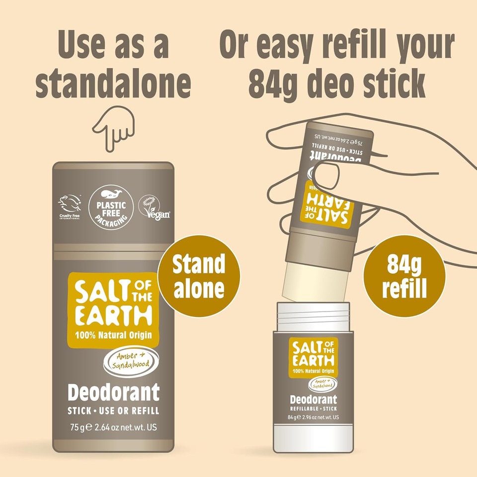 Salt of the Earth - Natural Deodorant Stick Refillable - Ocean & Coconut - Aluminium Free & Vegan Long Lasting Protection, Leaping Bunny Approved, Made in The UK for Men, Women & Kids 75g