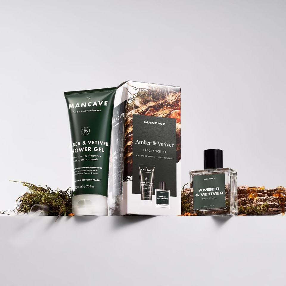 ManCave Amber & Vetiver Men's Fragrance Gift Set, 50ml Amber & Vetiver Eau de Toilette, 200ml Shower Gel, Perfume Set, Mans Fragrance kit, present idea for him