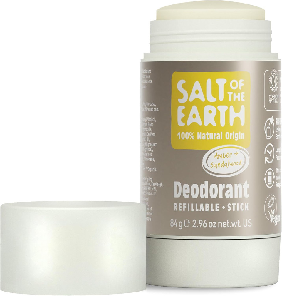 Salt Of the Earth Natural Deodorant Stick, Amber & Sandalwood - Aluminium Free, Vegan, Long Lasting Protection, Refillable, Leaping Bunny Approved, Made in The UK - 84g, 1 Count (Pack of 1)