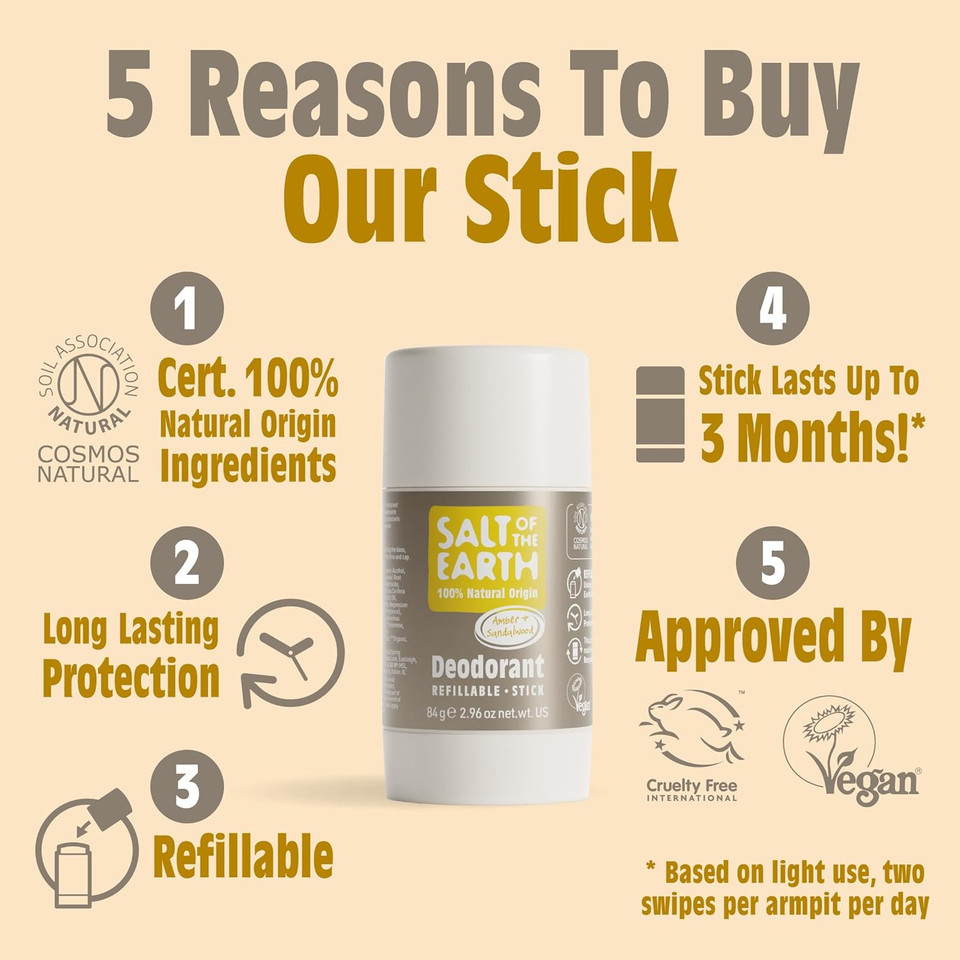 Salt Of the Earth Natural Deodorant Stick, Amber & Sandalwood - Aluminium Free, Vegan, Long Lasting Protection, Refillable, Leaping Bunny Approved, Made in The UK - 84g, 1 Count (Pack of 1)