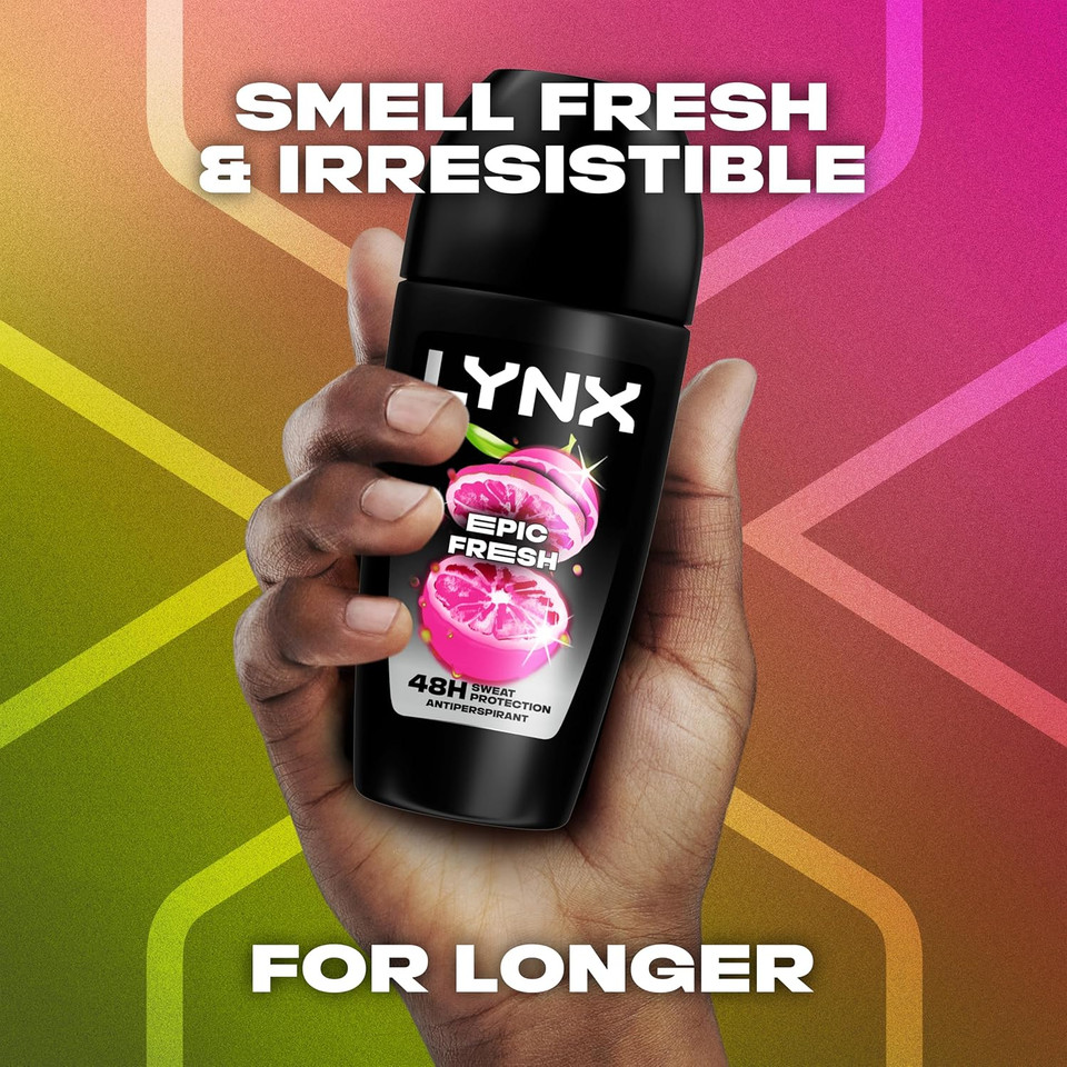 Lynx Epic Fresh Anti-Perspirant Roll On Men's Deodorant with a grapefruit & tropical pineapple scent and 2x faster* drying for 48 hours of sweat protection 6x 50 ml