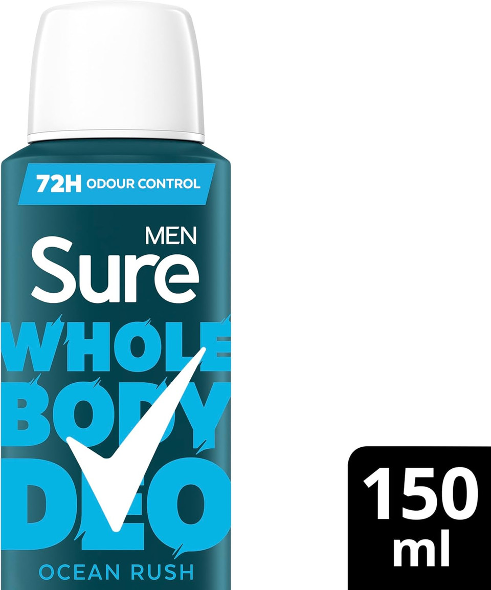 Sure Men Ocean Rush Whole Body Deodorant Men's Deodorant Spray with a herbal & woody fragrance for 72 hour odour control 150 ml (Pack of 2)