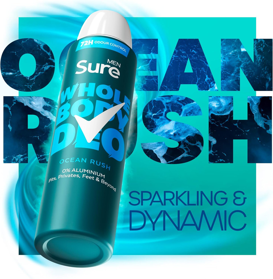 Sure Men Ocean Rush Whole Body Deodorant Men's Deodorant Spray with a herbal & woody fragrance for 72 hour odour control 150 ml (Pack of 2)