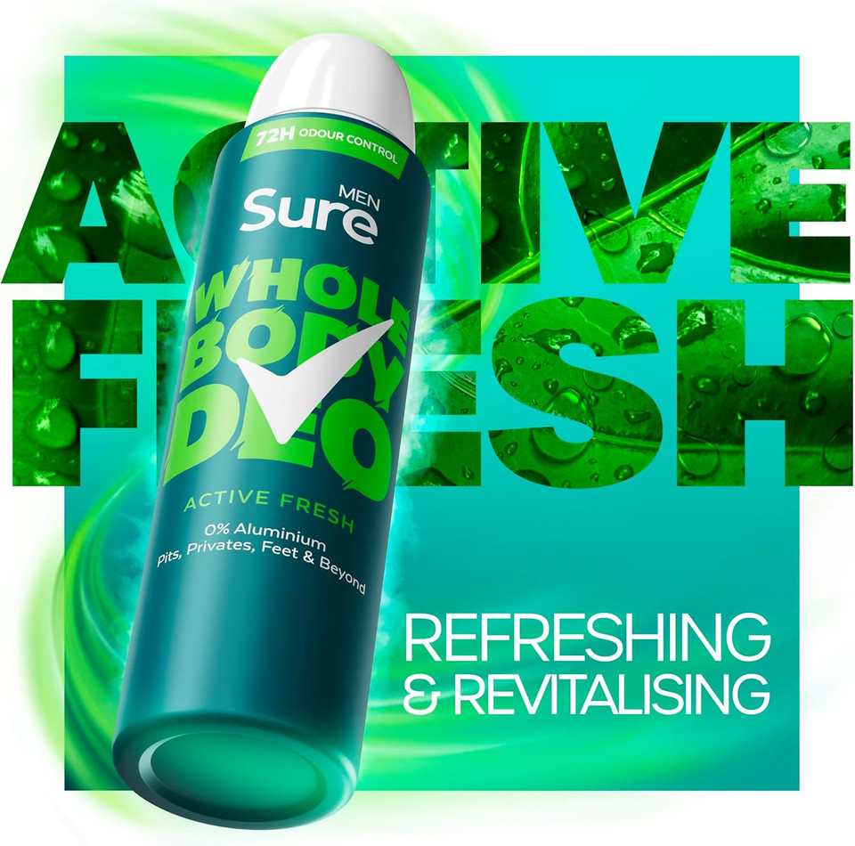Sure Men Active Fresh Whole Body Deodorant Men's Deodorant Spray with a herbal, citrus & woody fragrance for 72 hour odour control 150 ml (Pack of 2)