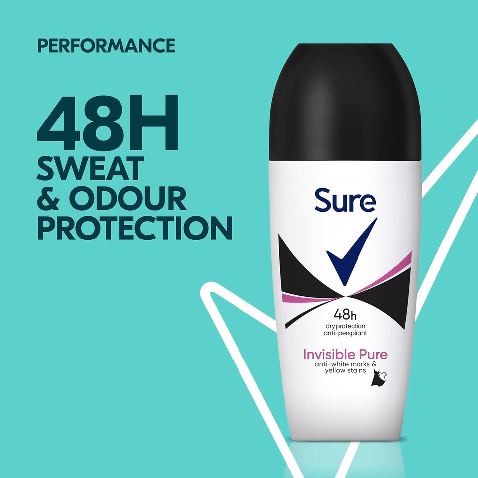 Sure Invisible Pure Anti-Perspirant Roll On for 48-hour sweat and odour protection deodorant for women that protects against white marks and yellow stains 6x 50 ml