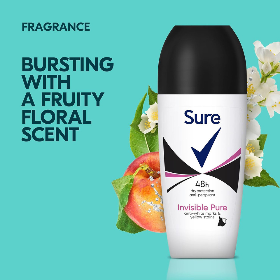 Sure Invisible Pure Anti-Perspirant Roll On for 48-hour sweat and odour protection deodorant for women that protects against white marks and yellow stains 6x 50 ml