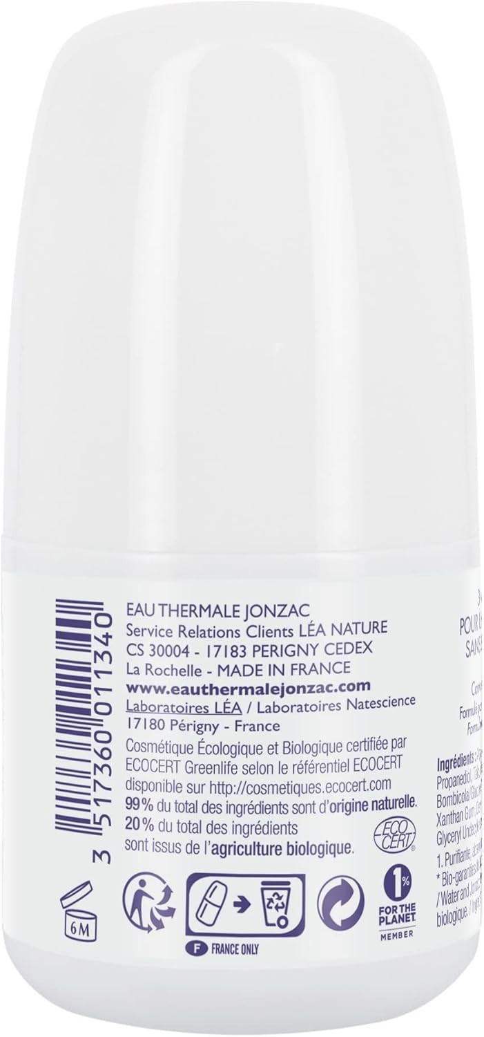 Eau Thermale Jonzac, ORGANIC ROLL ON DEODORANT, No Alcohol and No Aluminium Salts, 50 millilitre, Pack of 1