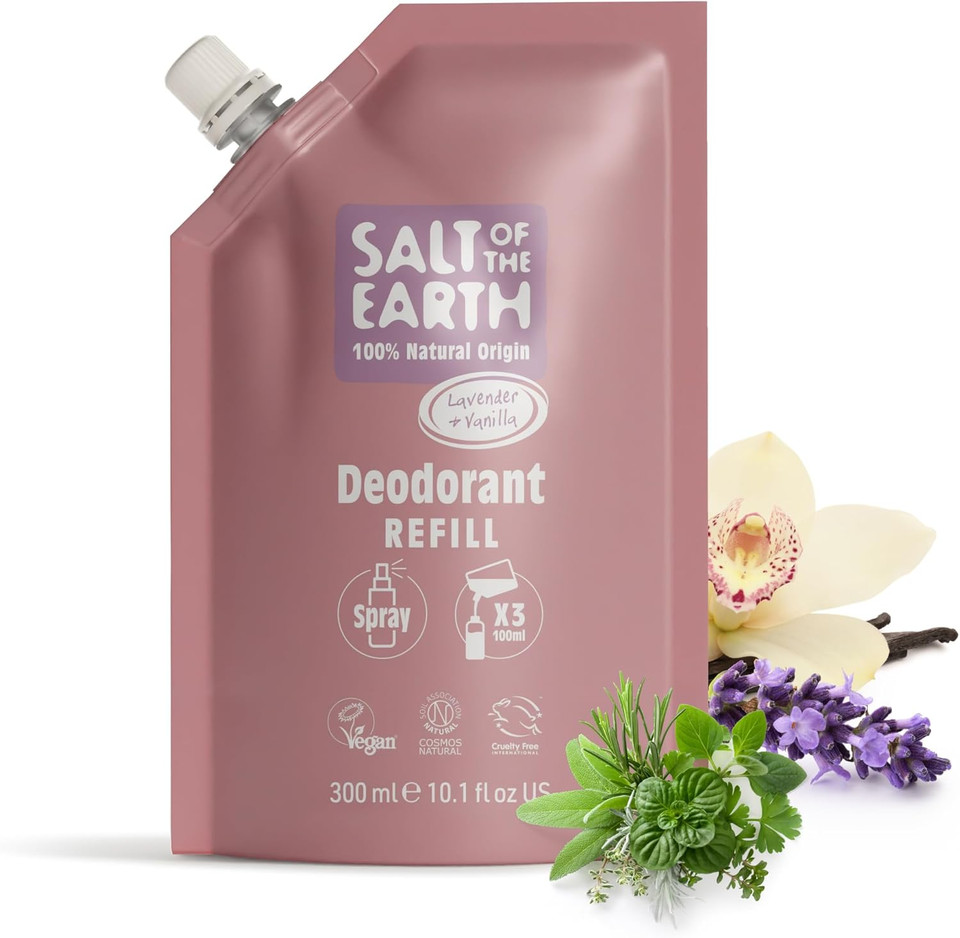 Salt of the Earth - Natural Deodorant Spray Refill Pouch, x3 Uses - Unscented - Vegan, Long Lasting Protection, Leaping Bunny Approved, Made in the UK - 300ml