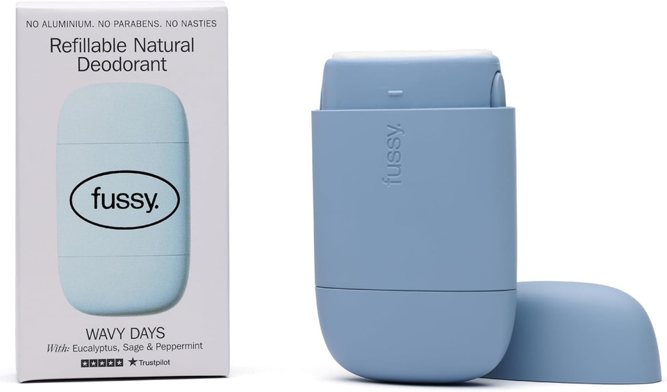 Fussy - Natural Refillable Deodorant - Aluminium Free - 24 Hour Protection - Mint Scent & Ocean Blue Case - Peppermint, Eucalyptus & Sage - Vegan & Cruelty Free - 100% Natural & Effective