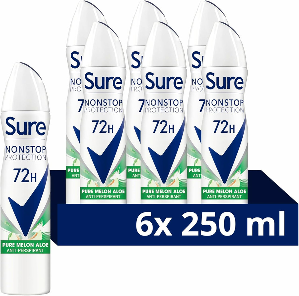 Sure Nonstop Protection Pure Melon Aloe Anti-Perspirant Aerosol Women's Deodorant Spray with Body Heat Activated technology and a melon & aloe scent for 72 hour odour and sweat protection 6x 250 ml