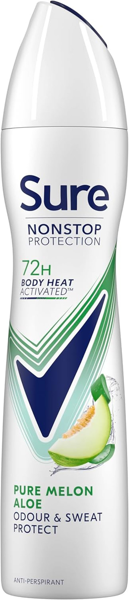 Sure Nonstop Protection Pure Melon Aloe Anti-Perspirant Aerosol Women's Deodorant Spray with Body Heat Activated technology and a melon & aloe scent for 72 hour odour and sweat protection 6x 250 ml
