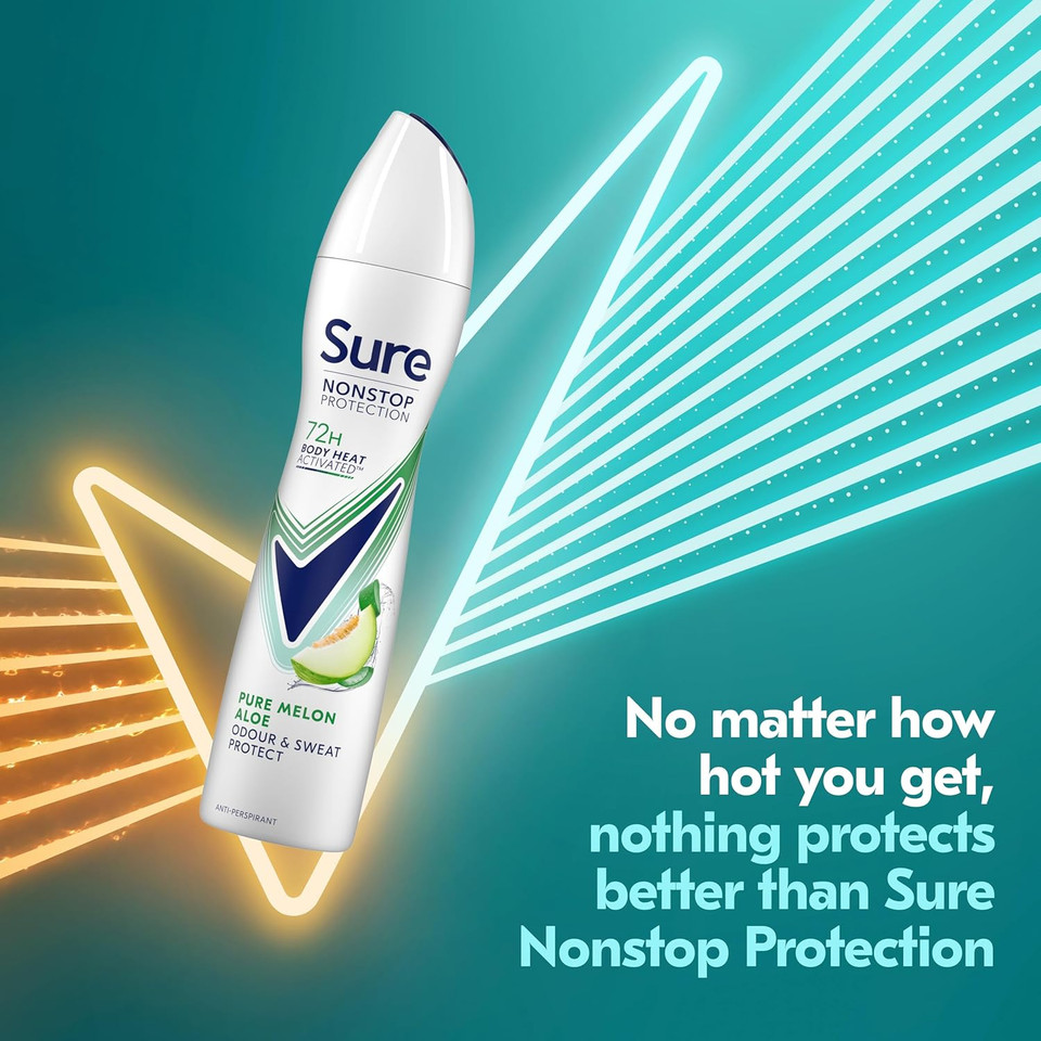 Sure Nonstop Protection Pure Melon Aloe Anti-Perspirant Aerosol Women's Deodorant Spray with Body Heat Activated technology and a melon & aloe scent for 72 hour odour and sweat protection 6x 250 ml